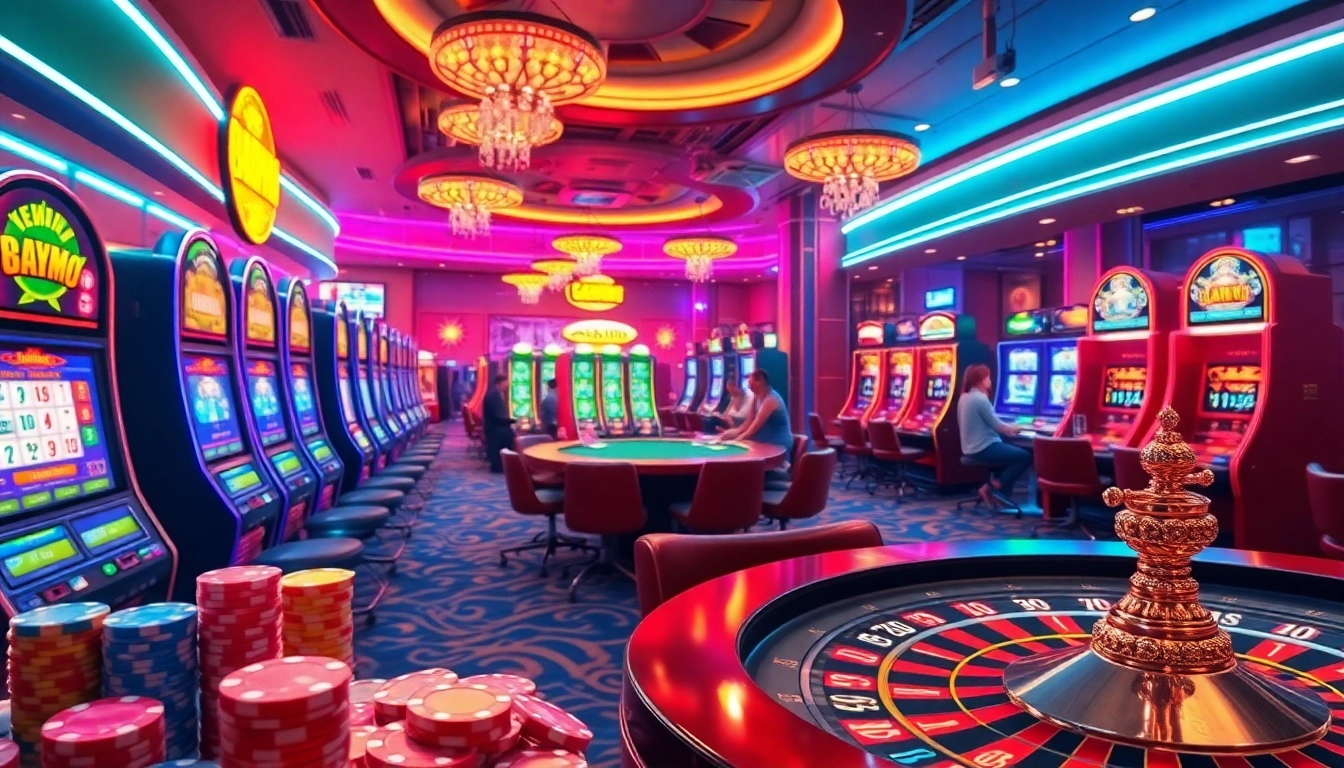 Kenzototo gaming scene showcasing vibrant slot machines and poker chips for online gambling.