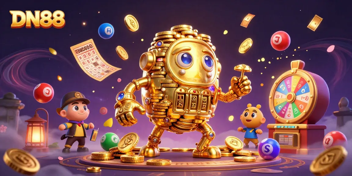 The DN88 platform features a vibrant online casino experience, with a 3D golden golem amidst lively gambling elements like lottery balls and prize wheels.