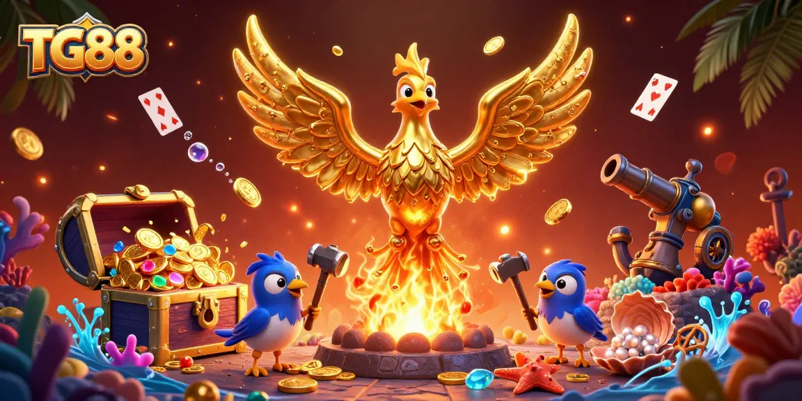 Experience the thrill of TG88 gambling with dynamic golden phoenix and rich casino elements.