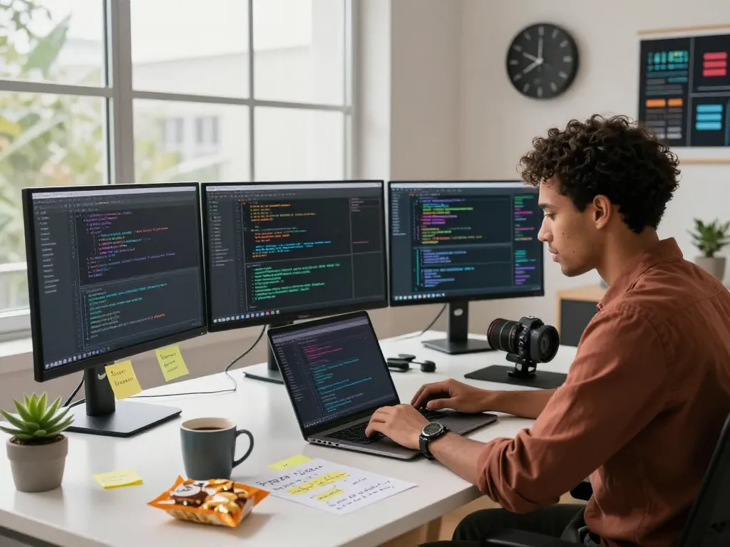 Engineer coding in a vibrant workspace showcasing crush ai technology with advanced monitors and collaborative tools.