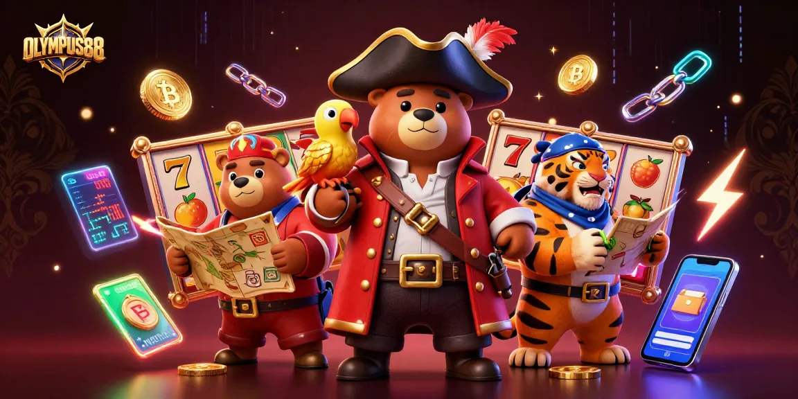 OLYMPUS88 menang di permainan slot dengan karakter kartun di latar belakang mewah dan elemen kripto.