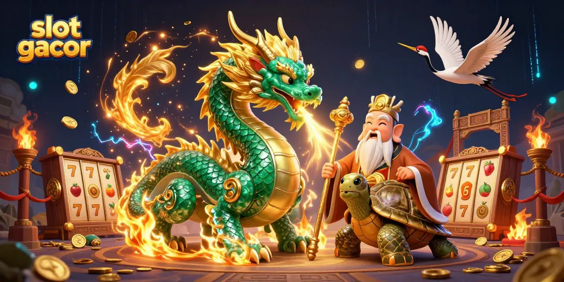 Putaran slot gacor dengan simbol menang di ilustrasi kasino, naga hijau berapi-api dan penyu bijak.