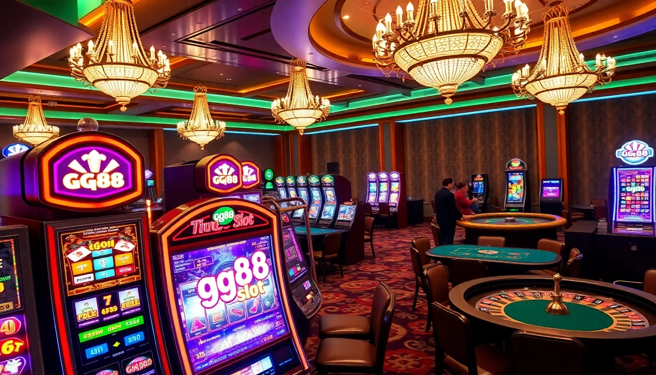 Players enjoy the thrilling atmosphere of gg88 slot machines in a luxurious casino setting.