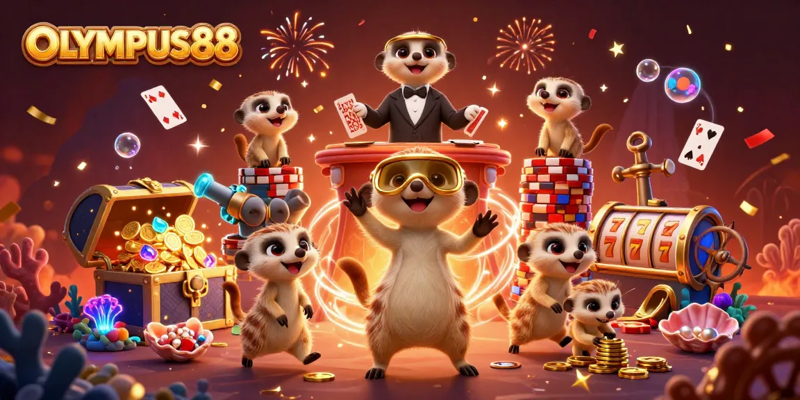 OLYMPUS88 merayakan kemenangan di kasino dengan koloni meerkat yang mengelola permainan slot secara dinamis.