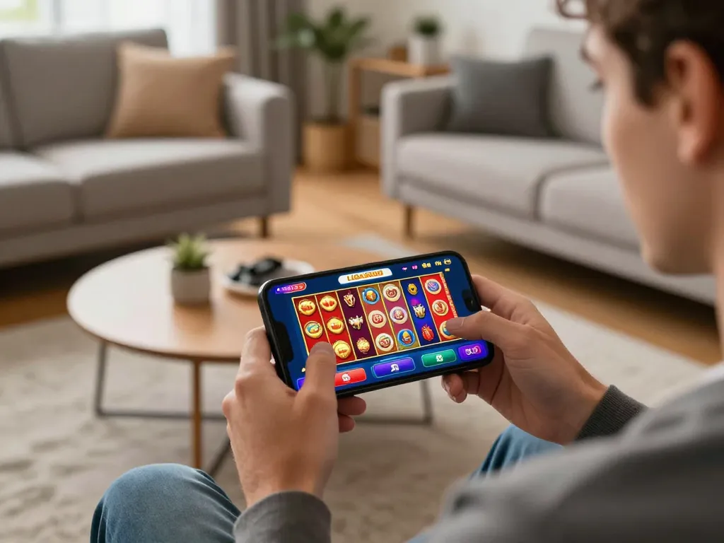LIGA2000 player spins winning slots on mobile device in modern home setting