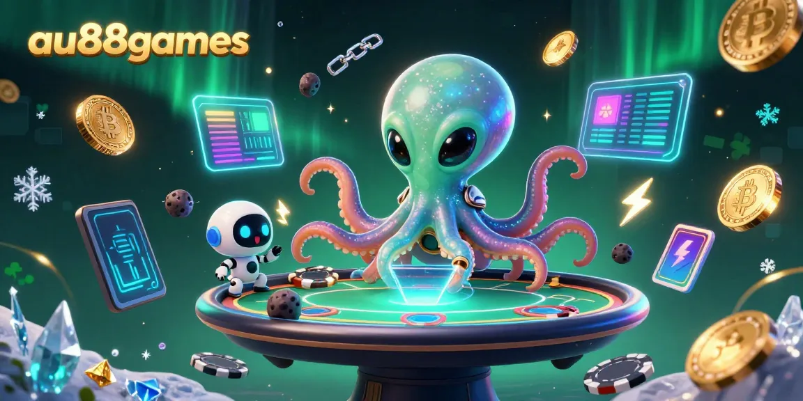 Join the excitement at au88games with an alien octopus and robotic companion at a holographic poker table.