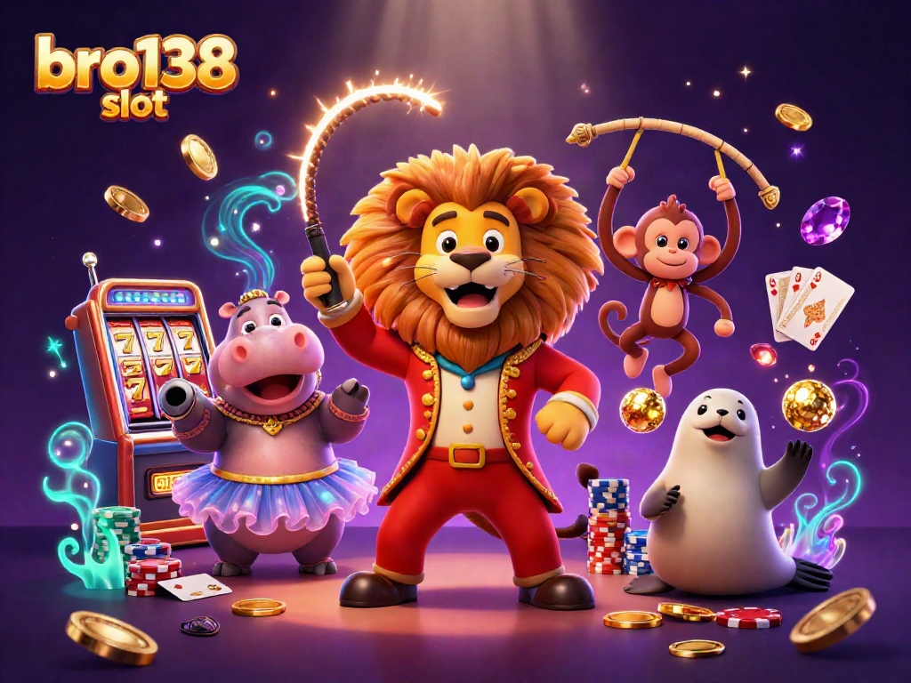 Play the exciting bro138 slot while surrounded by vibrant casino elements like colorful chips and sparkling gems.