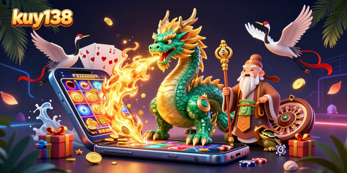 Kuy138 hadir dengan ilustrasi kasino 3D yang memukau dengan naga, kura-kura, dan burung crane.