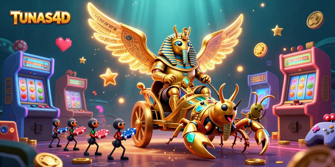 A vibrant scene with TUNAS4D's colossal scarab beetle and scorpions amidst gaming symbols, enhancing casino excitement.