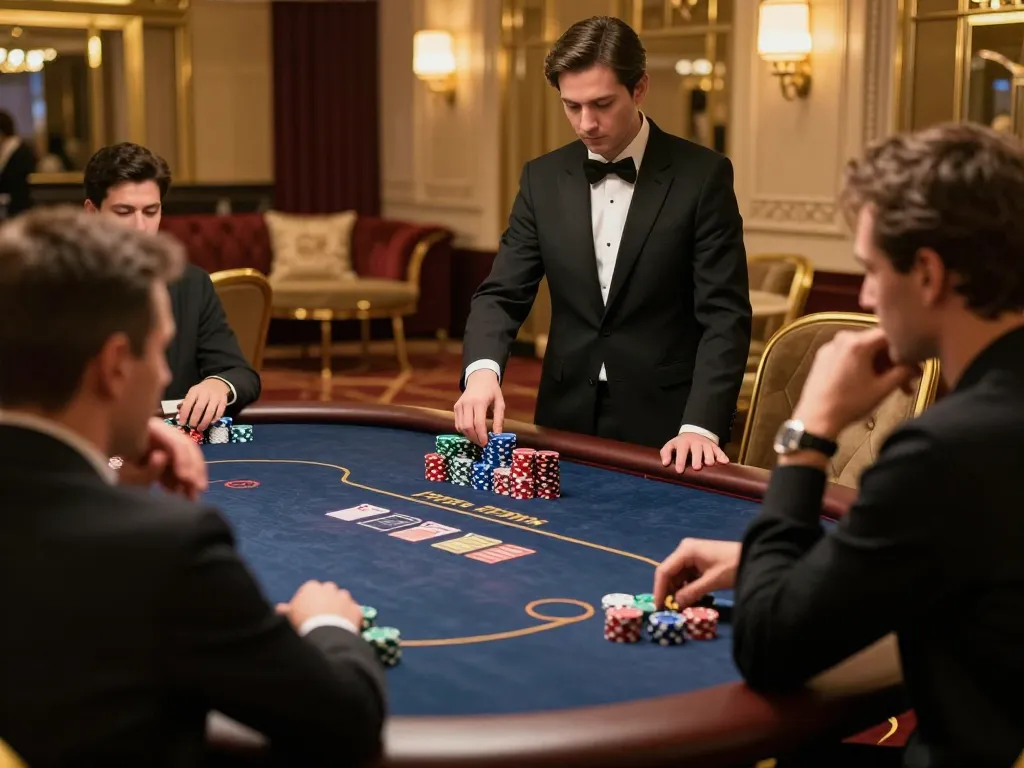 Engaging moment at an lc88 high-stakes poker table, players strategizing in an elegant environment.