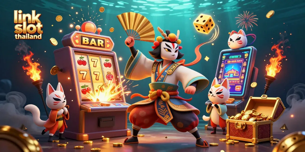 Experience the excitement of link slot thailand with vibrant visuals of slot machines, coins, and gaming characters.