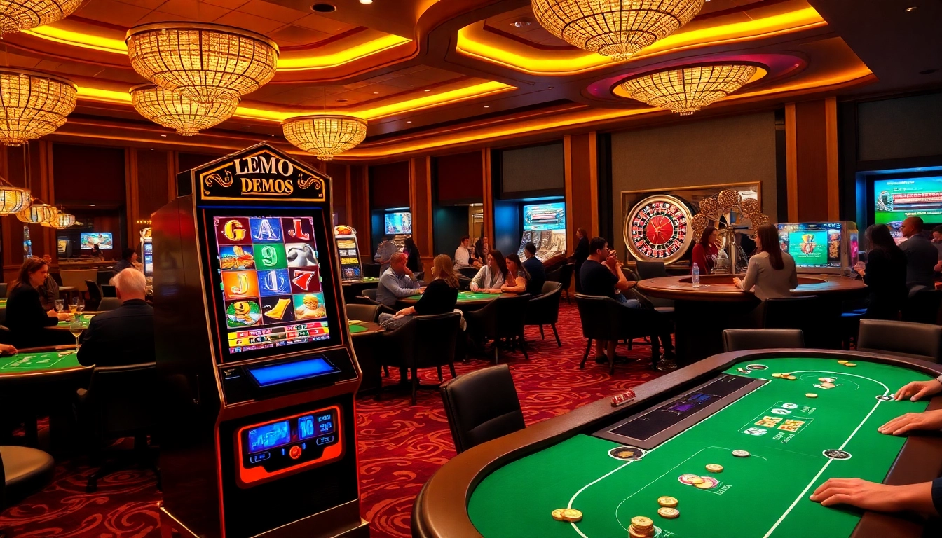 Engaging players at a demo slot machine in a vibrant casino setting with poker tables and roulette wheels.