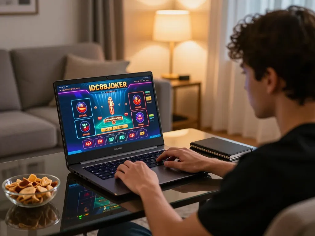Engaging in strategic gameplay with IDC88JOKER casino on a laptop in a cozy living room setting.