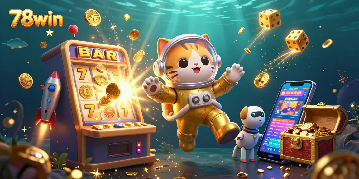 Experience thrilling wins at 78win with a vibrant 3D digital illustration of a jackpot explosion and engaging gameplay elements.