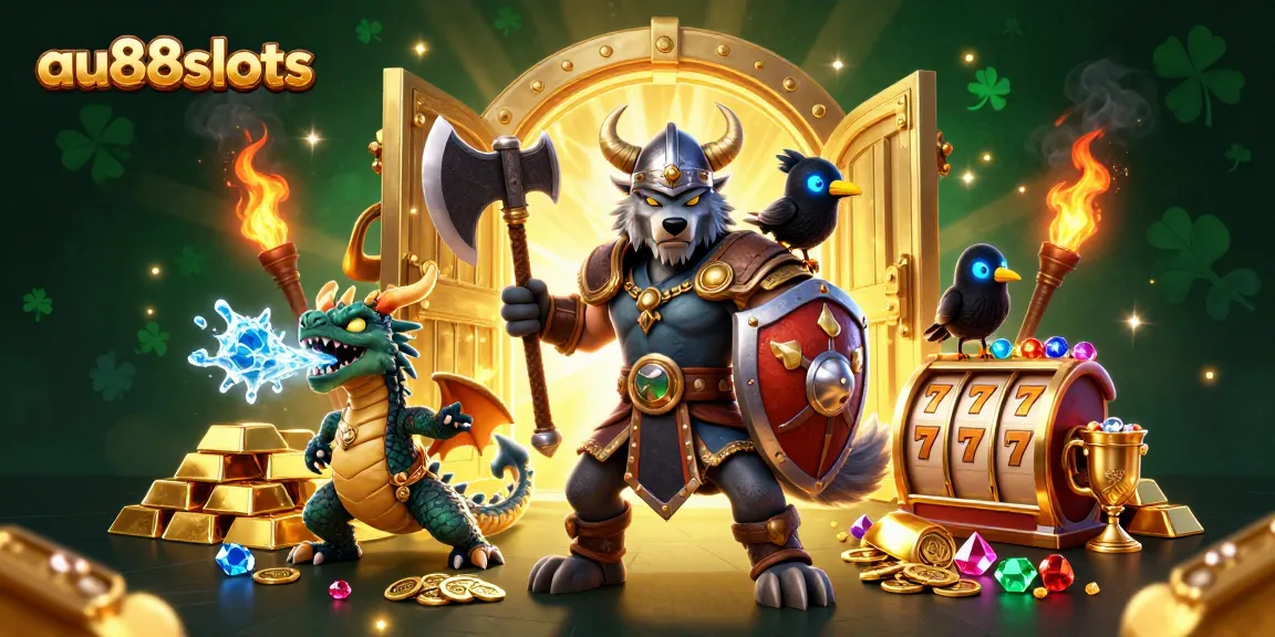 Engage with winning strategies at au88slots in this vibrant, exciting illustration of a Viking warrior amidst gleaming treasures.