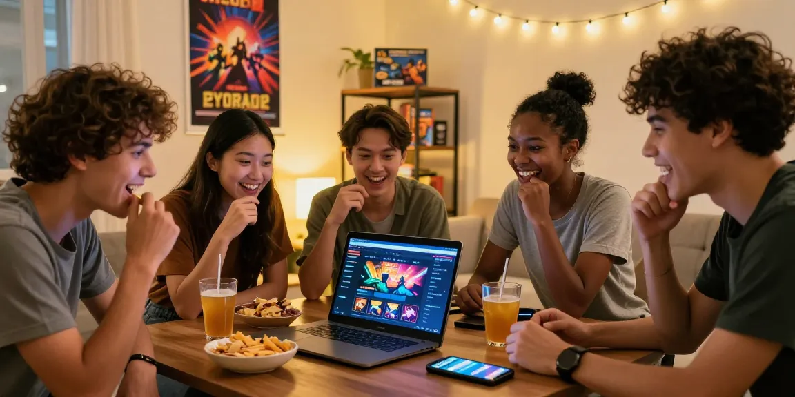 Tampilan permainan online dengan tautan ratutogel di laptop, suasana santai bersama teman-teman di ruang tamu.