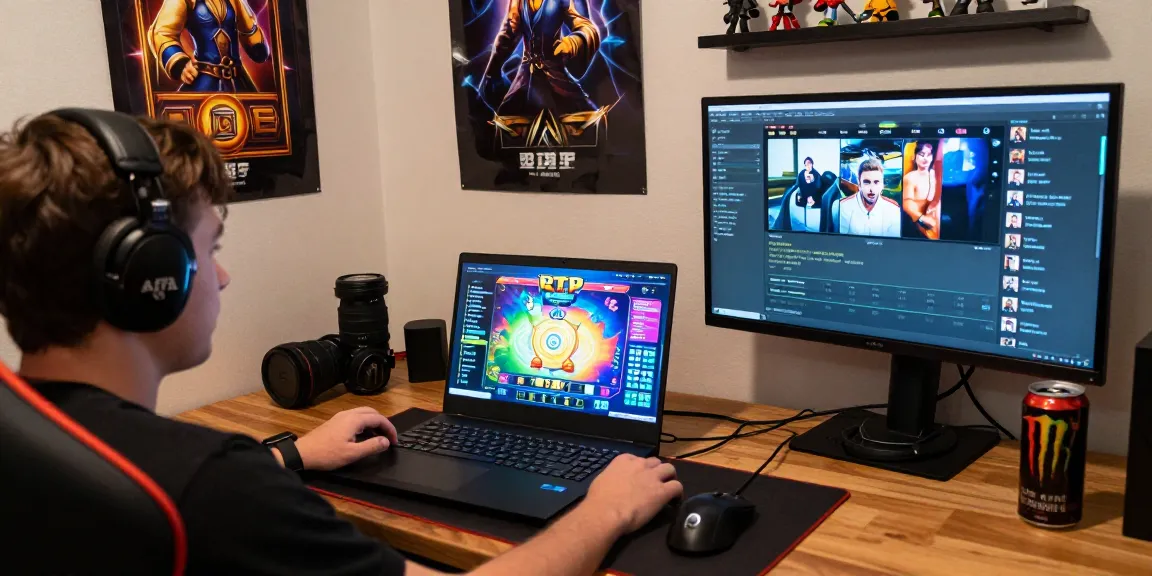 RTP slot online dengan pemain yang terfokus pada permainan di laptop, dikelilingi aksesori gaming.