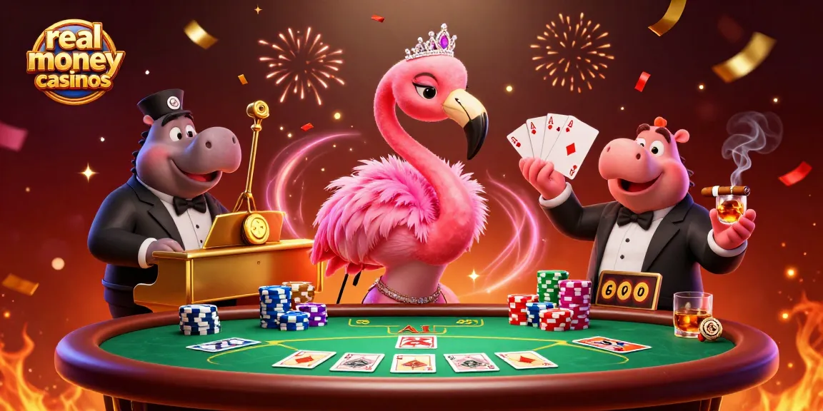 Experience the thrill of real money casinos with vibrant characters, poker elements, and a dynamic ambiance.