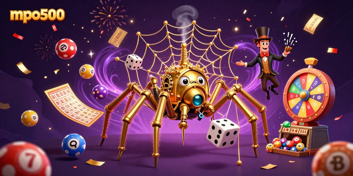 mpo500 menangkap dadu keberuntungan dalam web dengan bola lotere berwarna-warni.