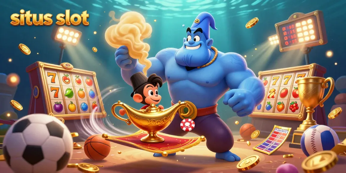 Sparks fly as a genie reveals situs slot magic amidst vibrant slot reels and gaming elements.