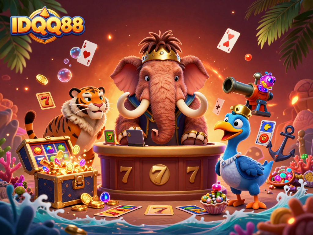 Experience the excitement of the casino with IDQQ88, featuring a vibrant scene with unique characters and slot elements.