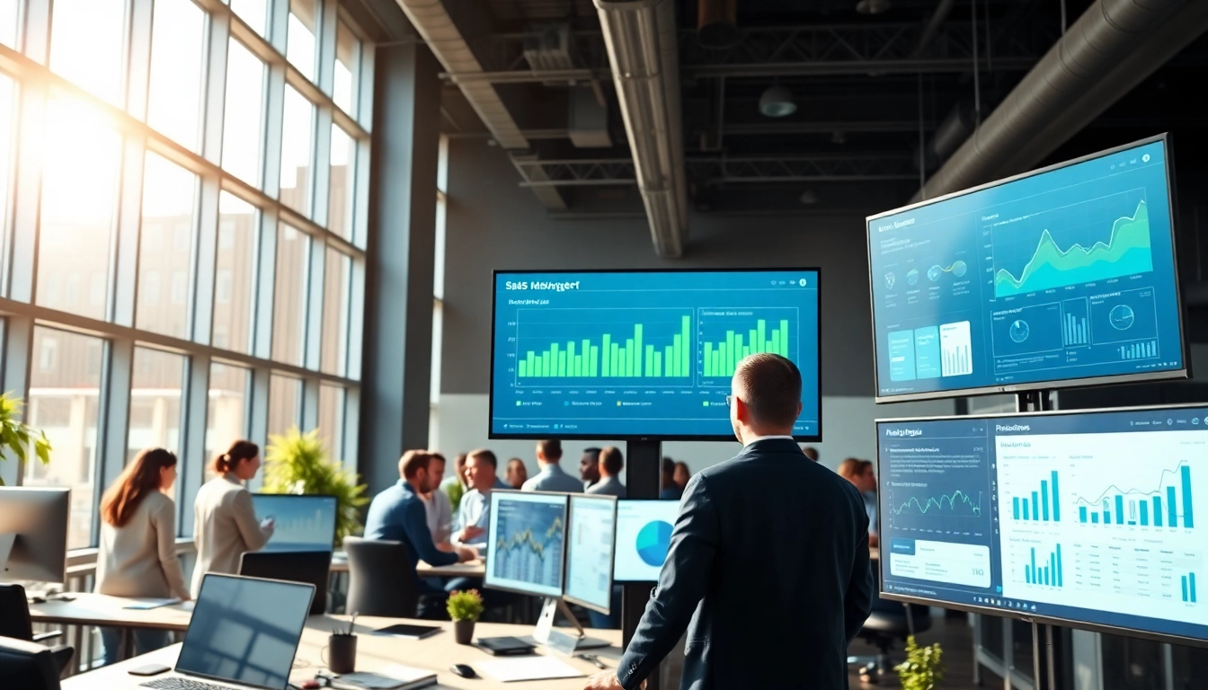 Engaging SaaS management dashboard showcasing analytics in a modern office.