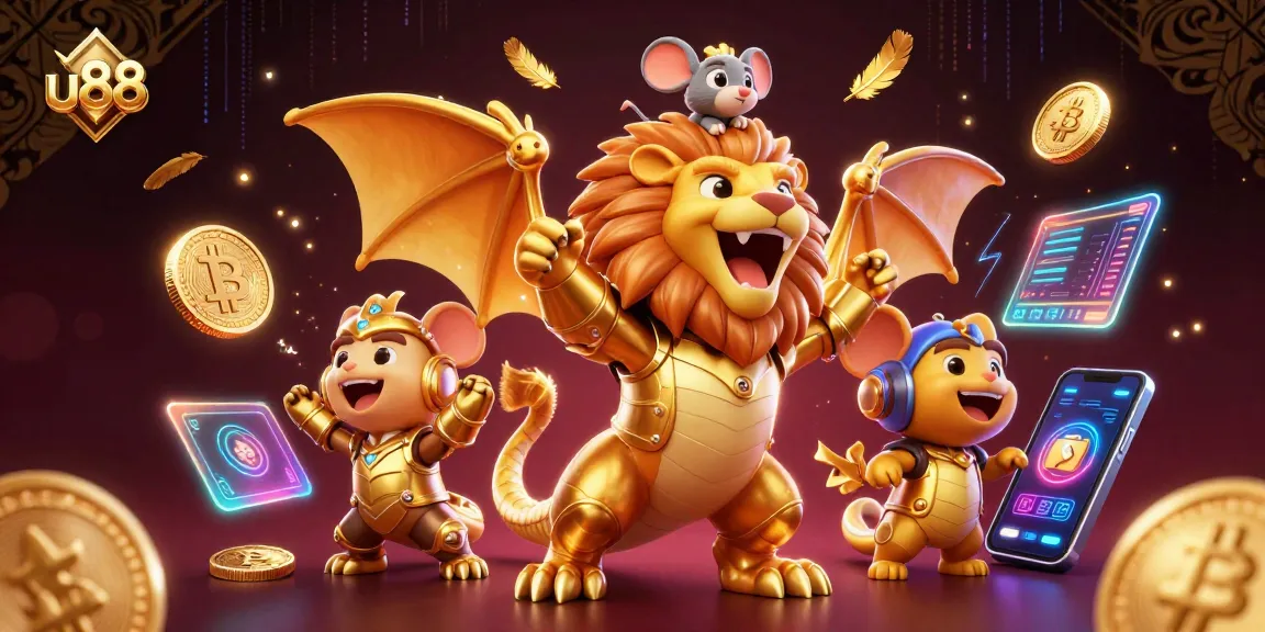 Engage in thrilling gaming adventures at u88 with a vibrant 3D chimera creature and crypto elements.