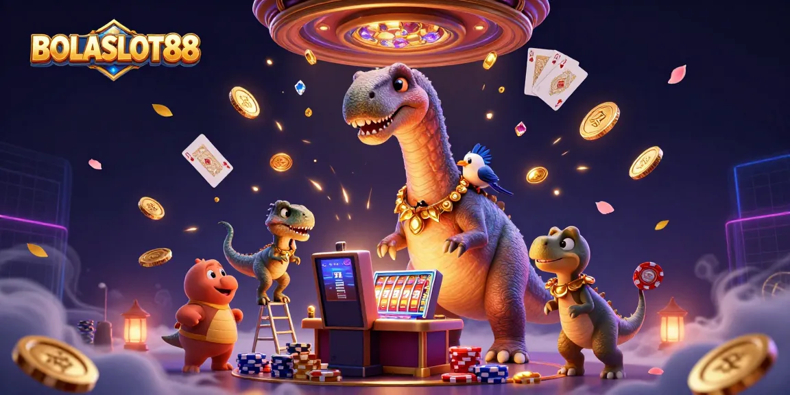 BOLASLOT88 menawarkan pengalaman bermain slot mewah dengan karakter kartun dinosaur dan chip poker berwarna-warni.