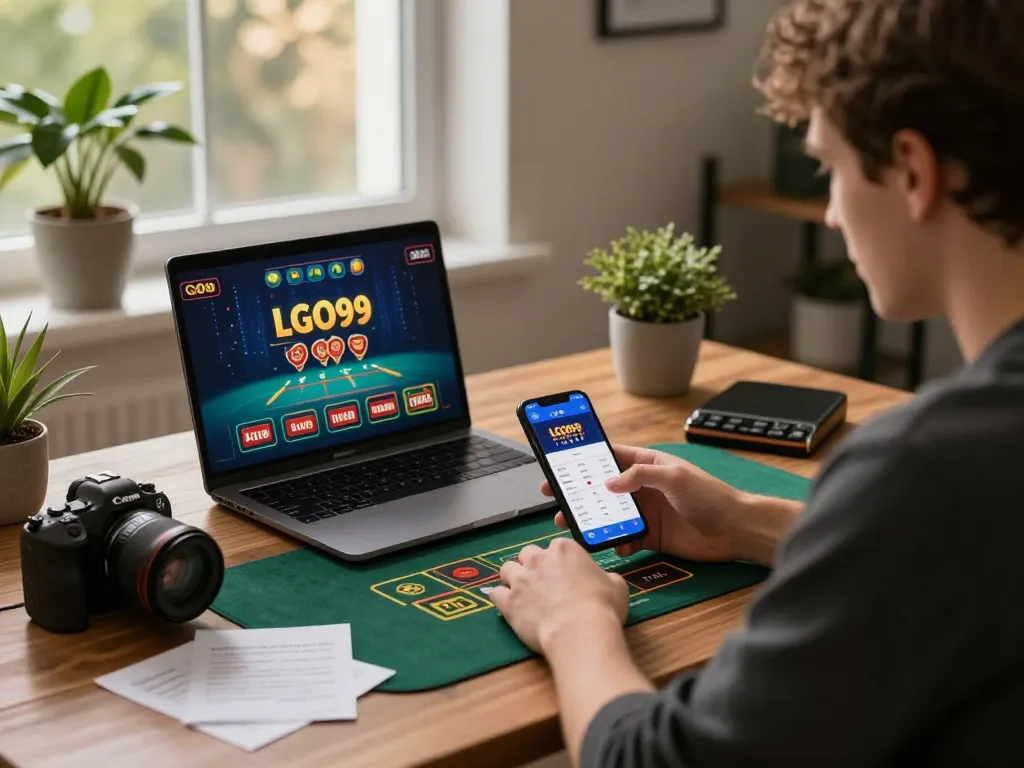 LGO99 user placing bets on a smartphone app at home, engaging in online casino fun.