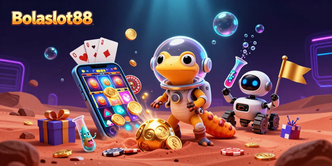 Bolaslot88 showcases a Martian gecko uncovering a golden casino with vibrant games and excitement.