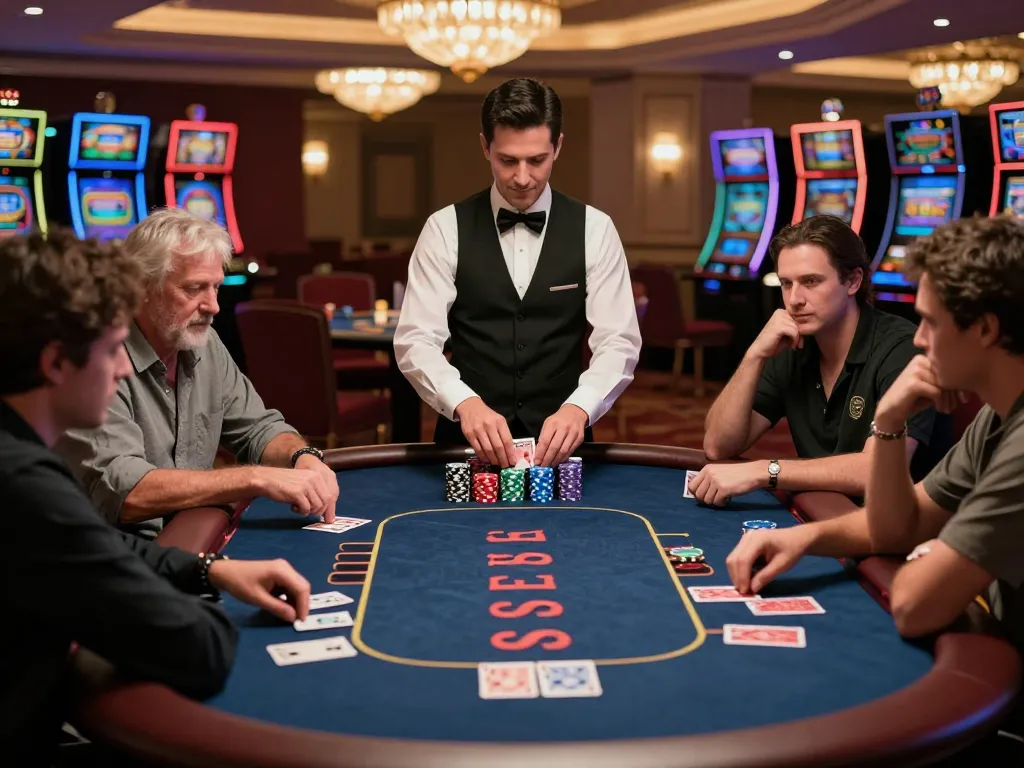 Pemain terlibat dalam permainan poker strategis di kasino mewah, menunjukkan suasana yang hidup dan paris888
