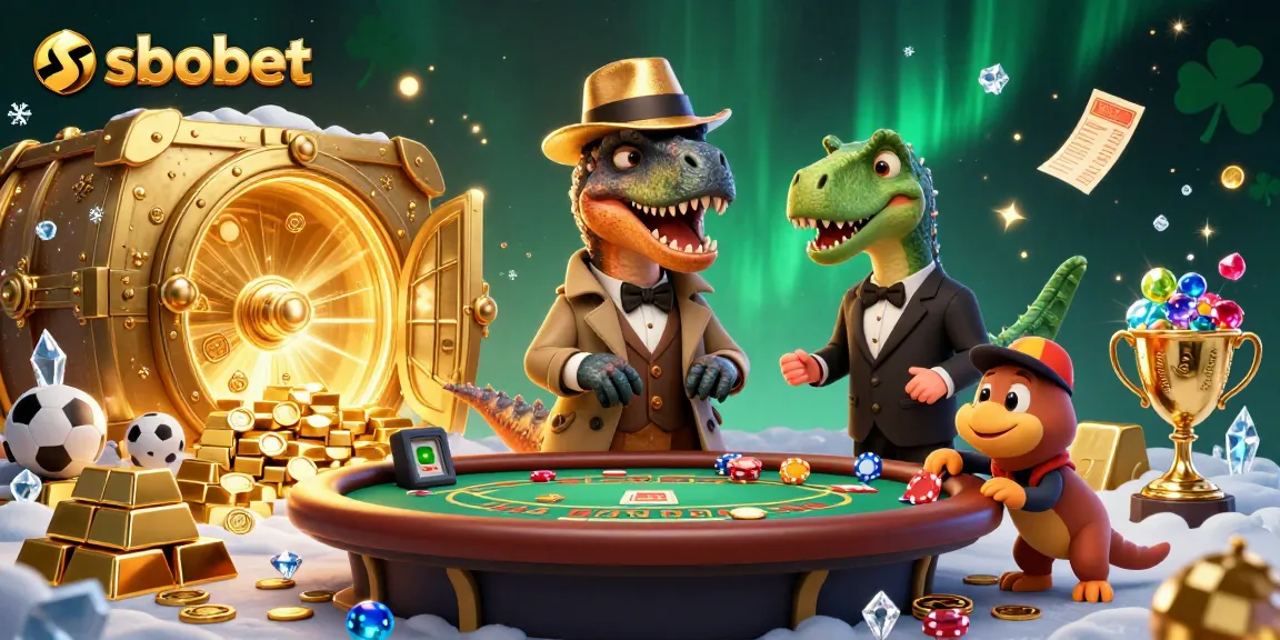 Taruhan olahraga sbobet dengan velociraptor penjudi dan efek cahaya berkilau.