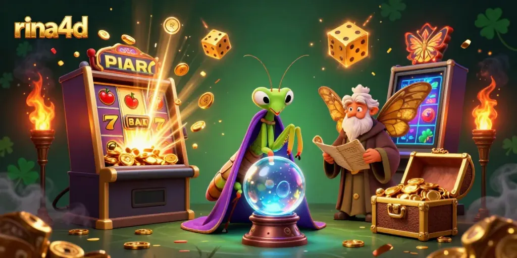 Play and win with rina4d featuring a mystical scene of fortune tellers and casino elements.