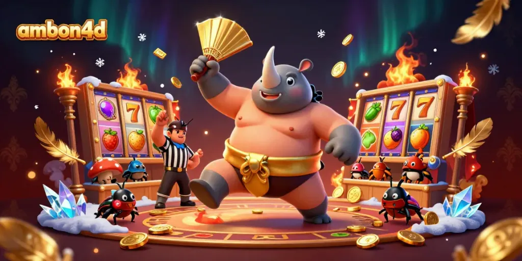 Experience exciting gameplay at ambon4d with a vibrant casino scene featuring a sumo beetle champion.