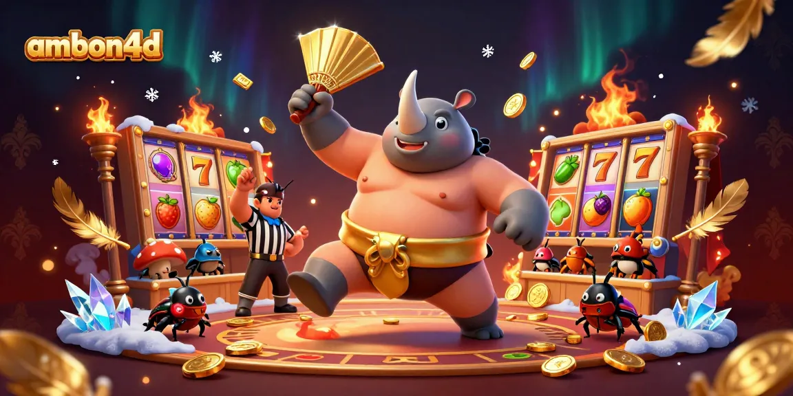 Experience exciting gameplay at ambon4d with a vibrant casino scene featuring a sumo beetle champion.