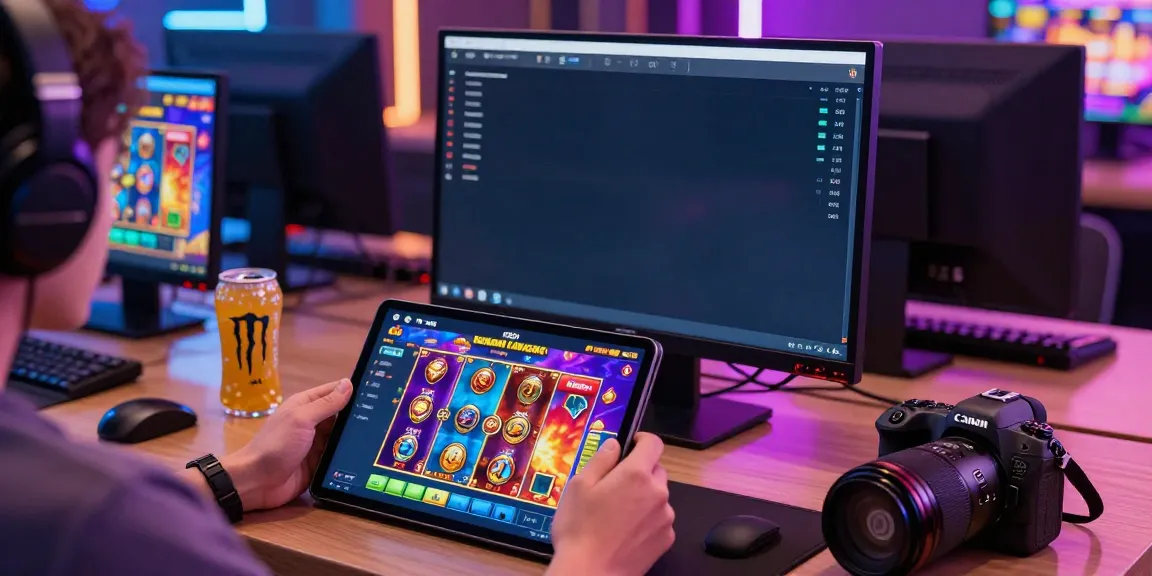 Engaging user playing slot 4D game on tablet in vibrant gaming room.