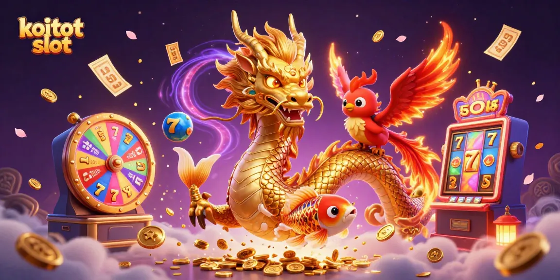 Permainan koitot slot dengan naga emas yang megah, phoenix, dan ikan koi berputar di tengah pengocokan koin.