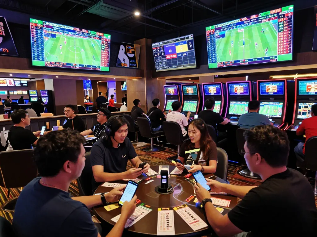 Engaged sports fans using keonhacai mobile apps for live betting in a modern casino lounge