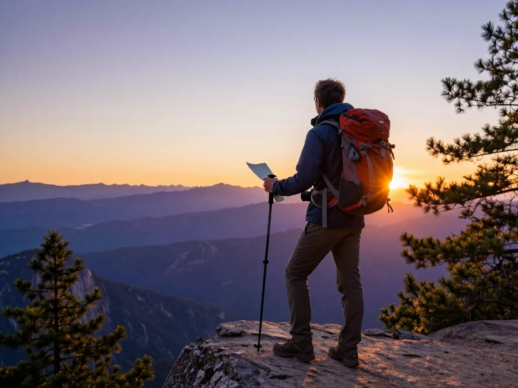 Adventurous traveler at a mountain viewpoint during golden hour, representing Fly88 travel inspiration.