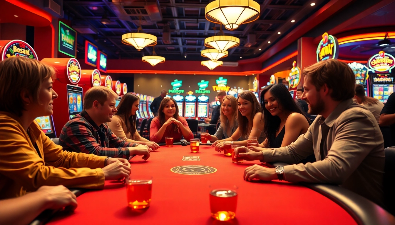 Join the excitement of afk toto at a vibrant casino poker table with players and slot machines.