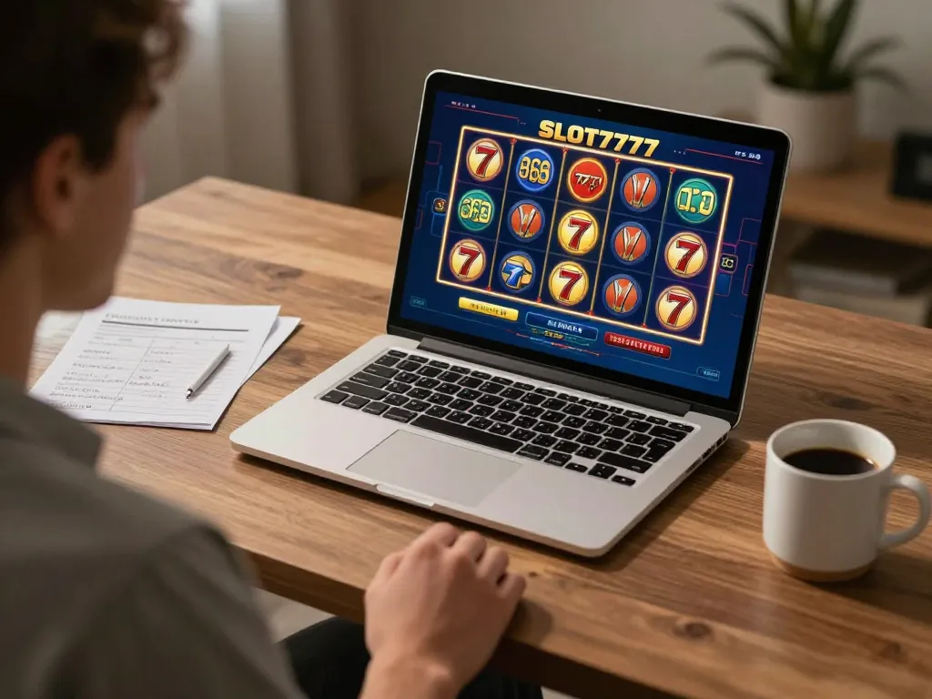 Engaging player immersed in Slot777 game on laptop in a cozy home office environment.