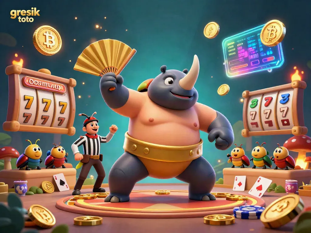 Experience the dynamic action of gresik toto with a sumo champion beetle and casino game elements in 3D.