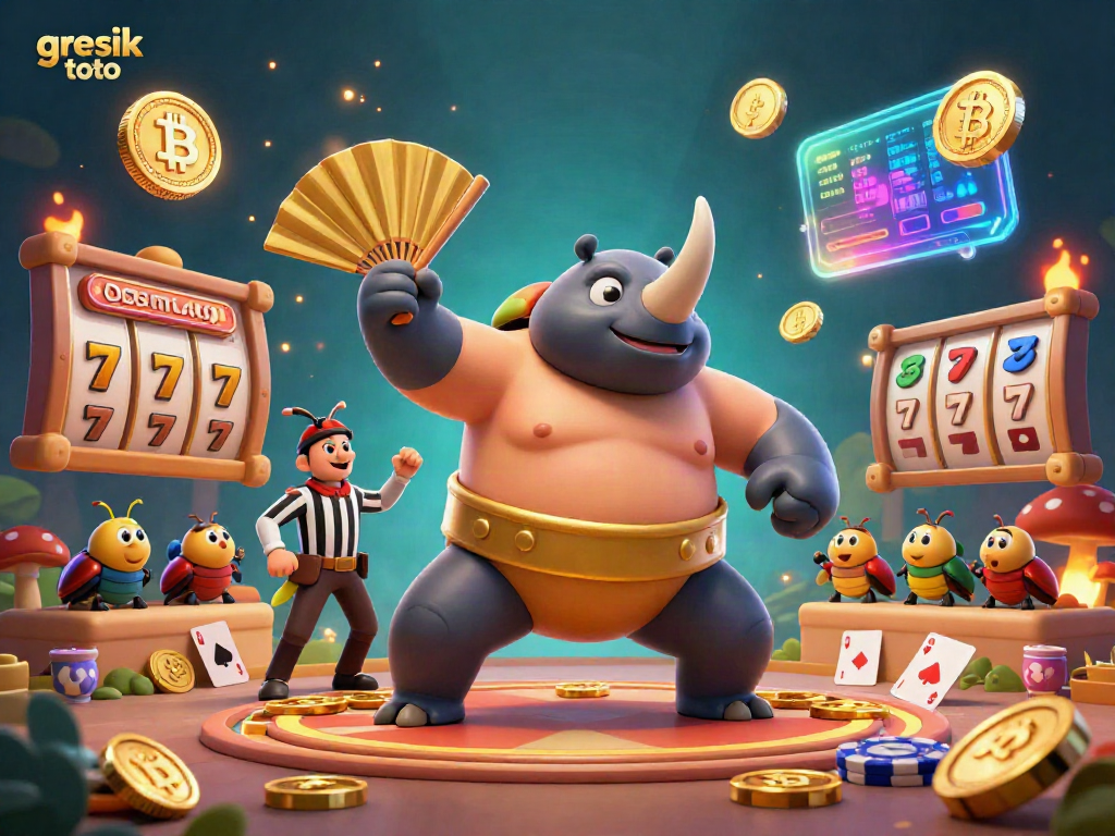 Experience the dynamic action of gresik toto with a sumo champion beetle and casino game elements in 3D.