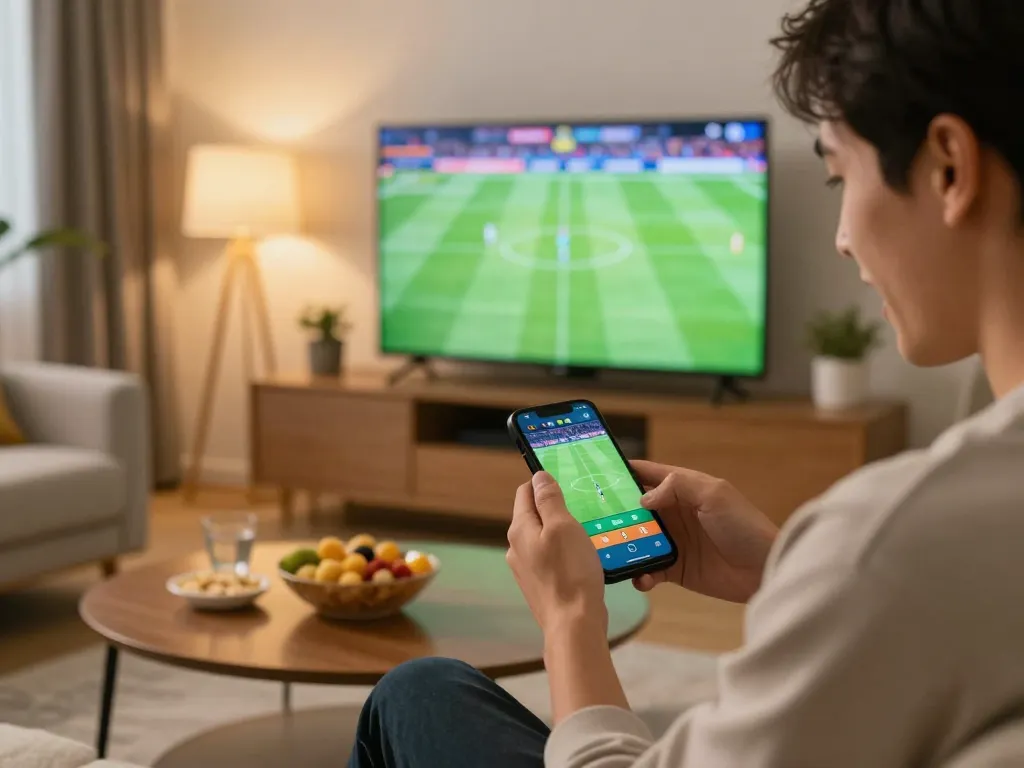 Nego77 player actively placing a bet using smartphone in a cozy home setting