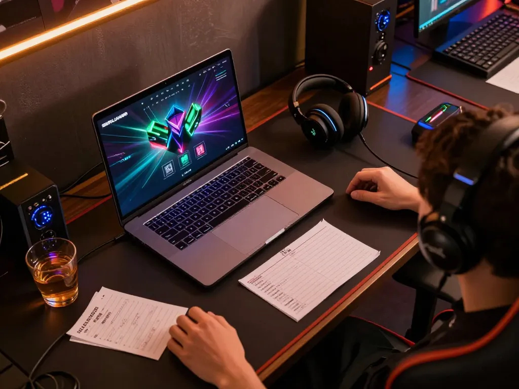 Person engaged in online gaming on BERLIAN889 platform, showcasing a stylish setup with notes and drink.