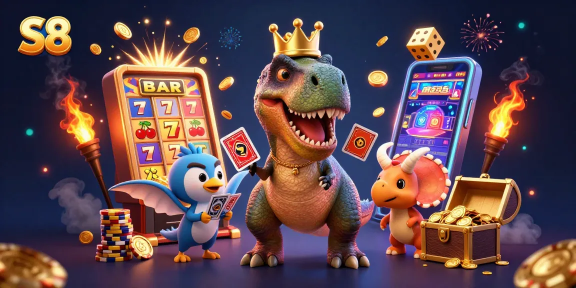 S8 platform offers vibrant gaming experiences with T-Rex and friends amidst captivating casino elements.