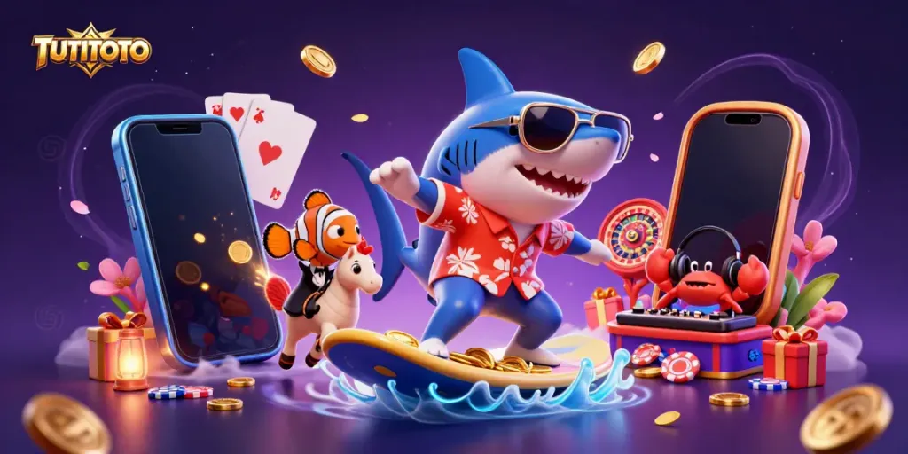 TUTITOTO showcases an exciting 3D scene with a hammer-head shark surfing on gold coins while vibrant gambling elements abound.