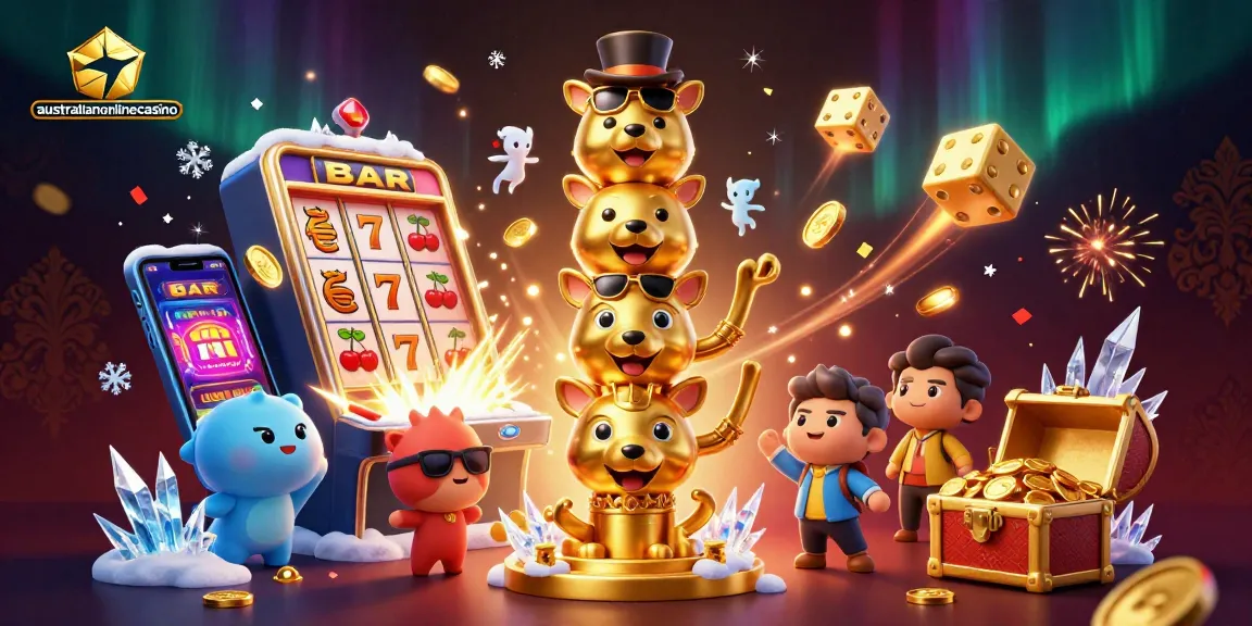 Experience vibrant gaming at australianonlinecasino with animated totem, slot machines, and treasures.