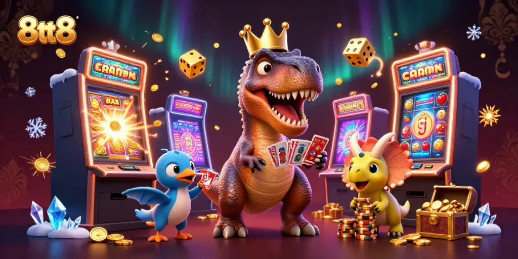 Experience thrilling wins with 8tt8 as animated characters play casino games amid a burst of coins.