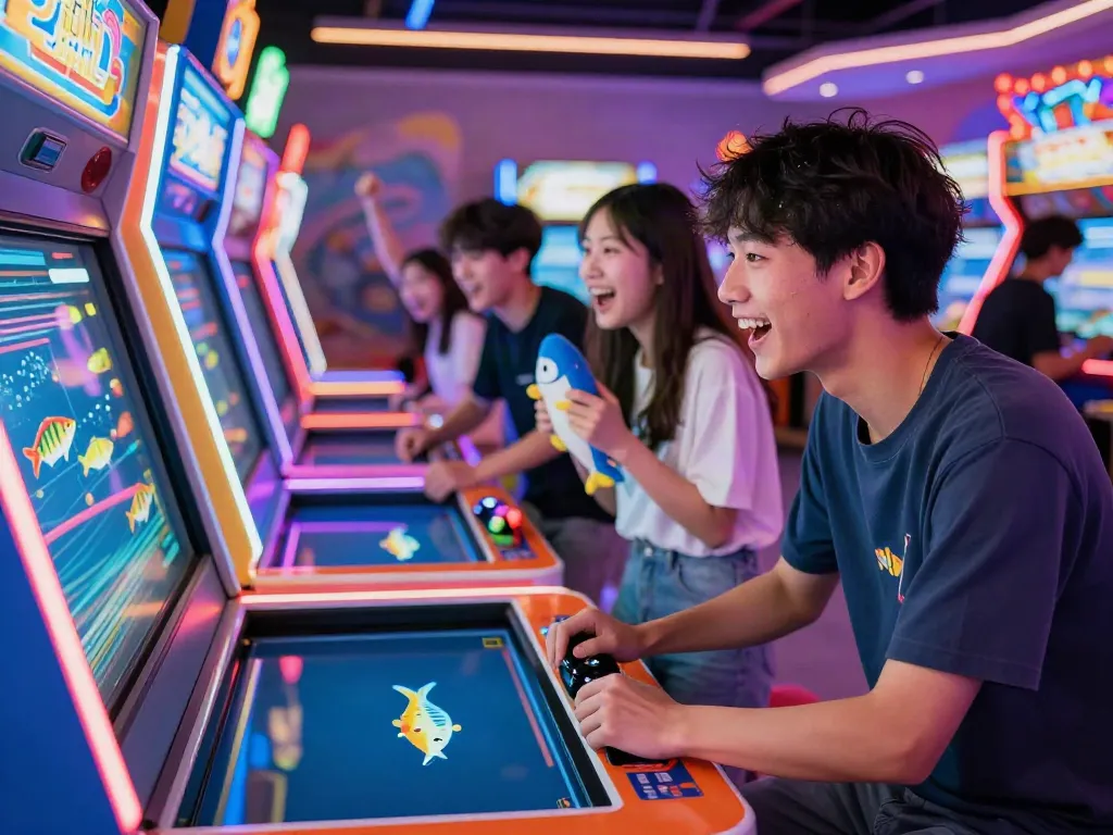 Group enjoying arcade game lại là Bắn cá đổi thưởng with vibrant lights and excitement.